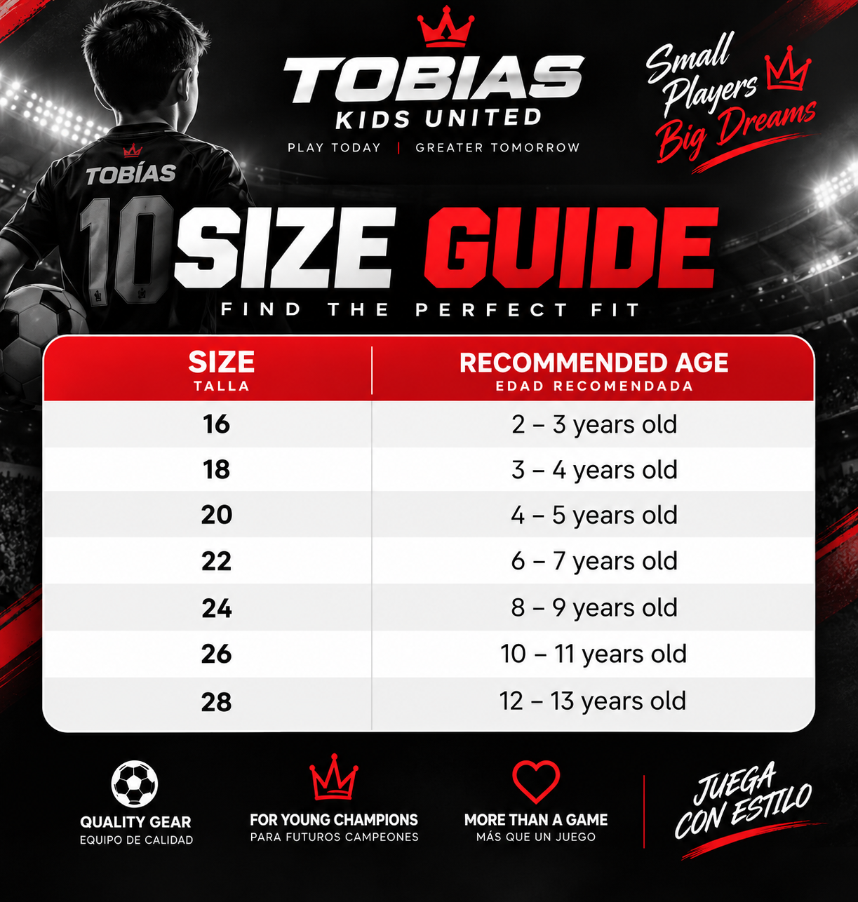 Tobias Kids size guide with sizes 16 to 28 and recommended ages from 2 to 13 years