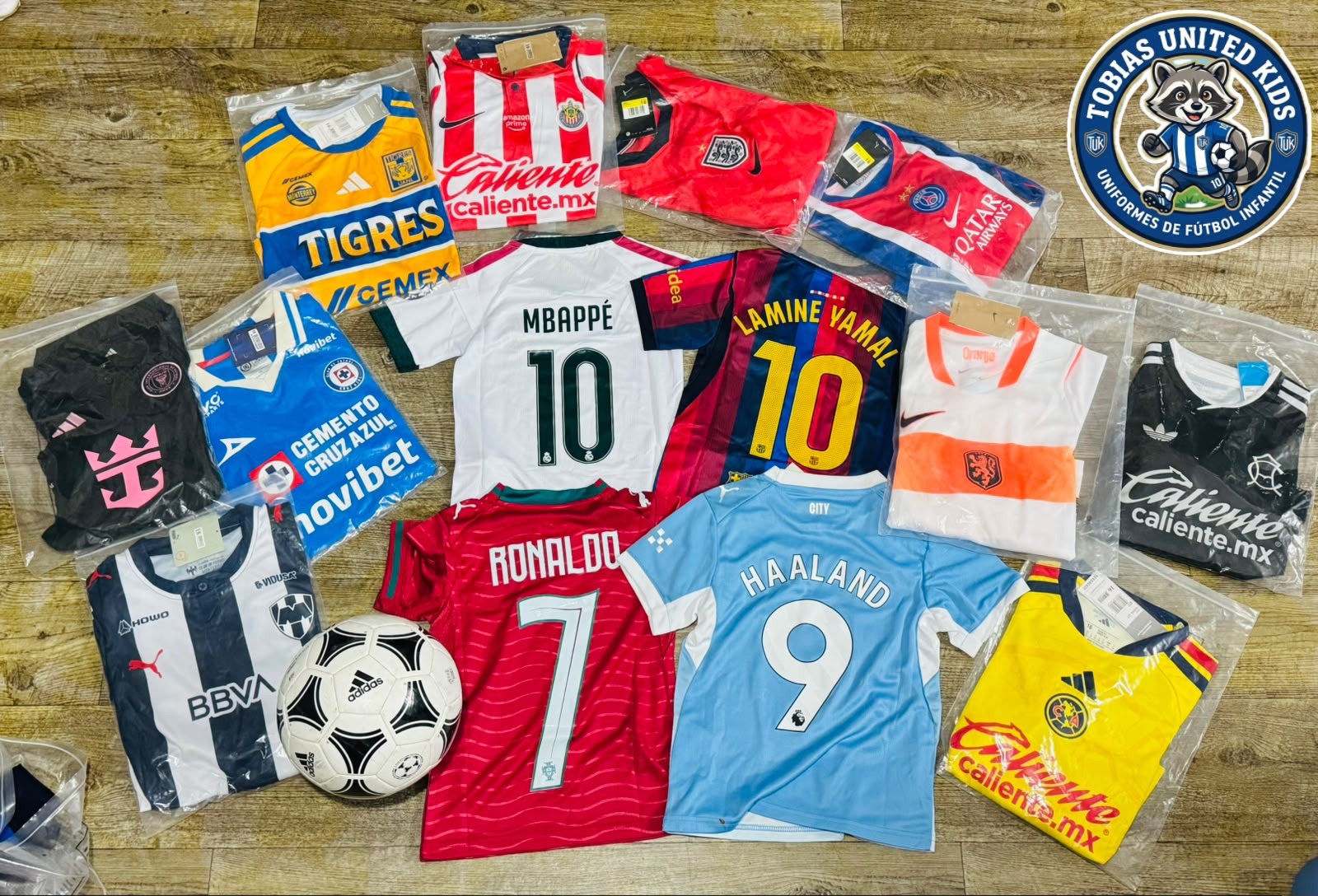 A collection of soccer jerseys from Tobias United Kids